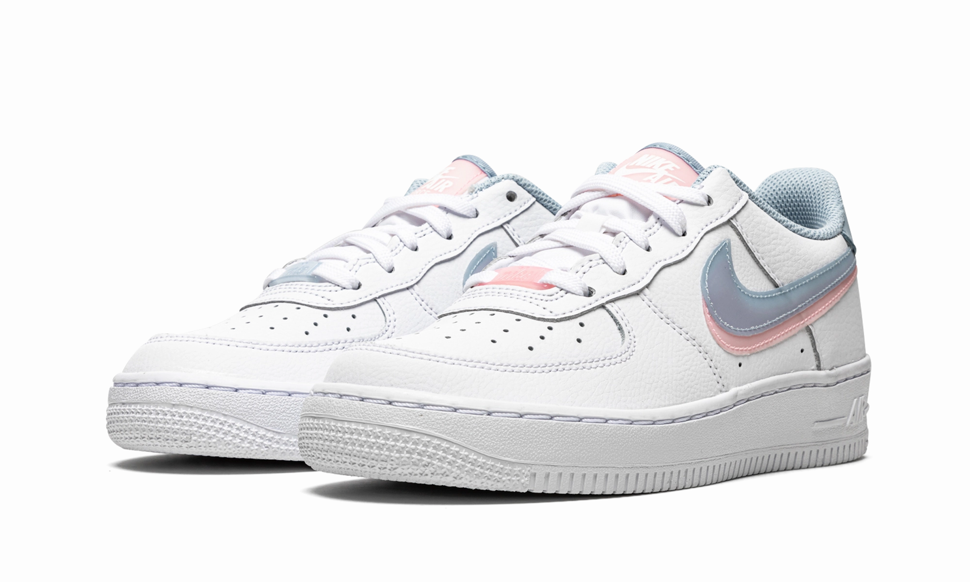 Plain look Breath Motion Air Force 1 LV8 GS "Double Swoosh - White / Blue / Pink"