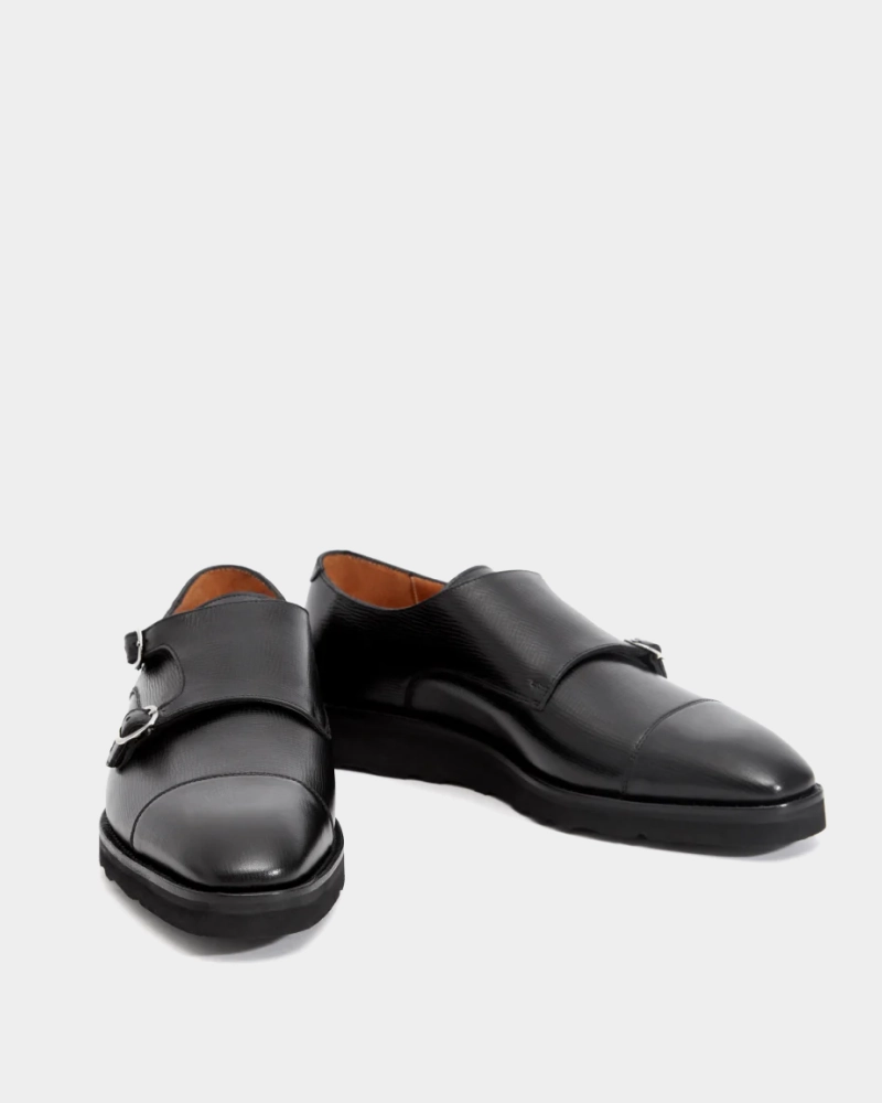 Buckle Design Textured Grip Surface Black Lightweight Monk Strap Shoe