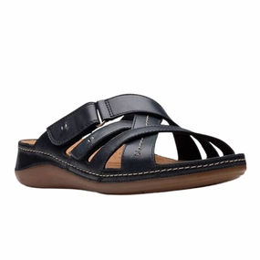 Clarks Women's Cecily Slide Leather Wide Black Relaxed Beach Shoes