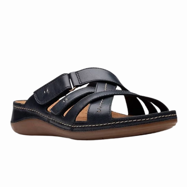 Clarks Women's Cecily Slide Leather Wide Black Relaxed Beach Shoes