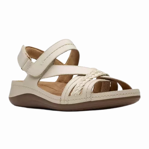 Clarks Women's Cecily Strap Leather Wide Cream Relaxed Summer Footwear