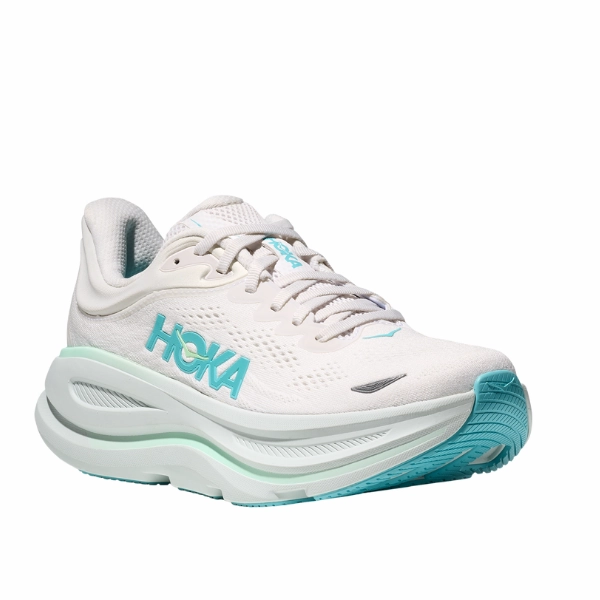 Hoka Women's Bondi 9 White/Blue running shoes for 10K races open - toe shoes
