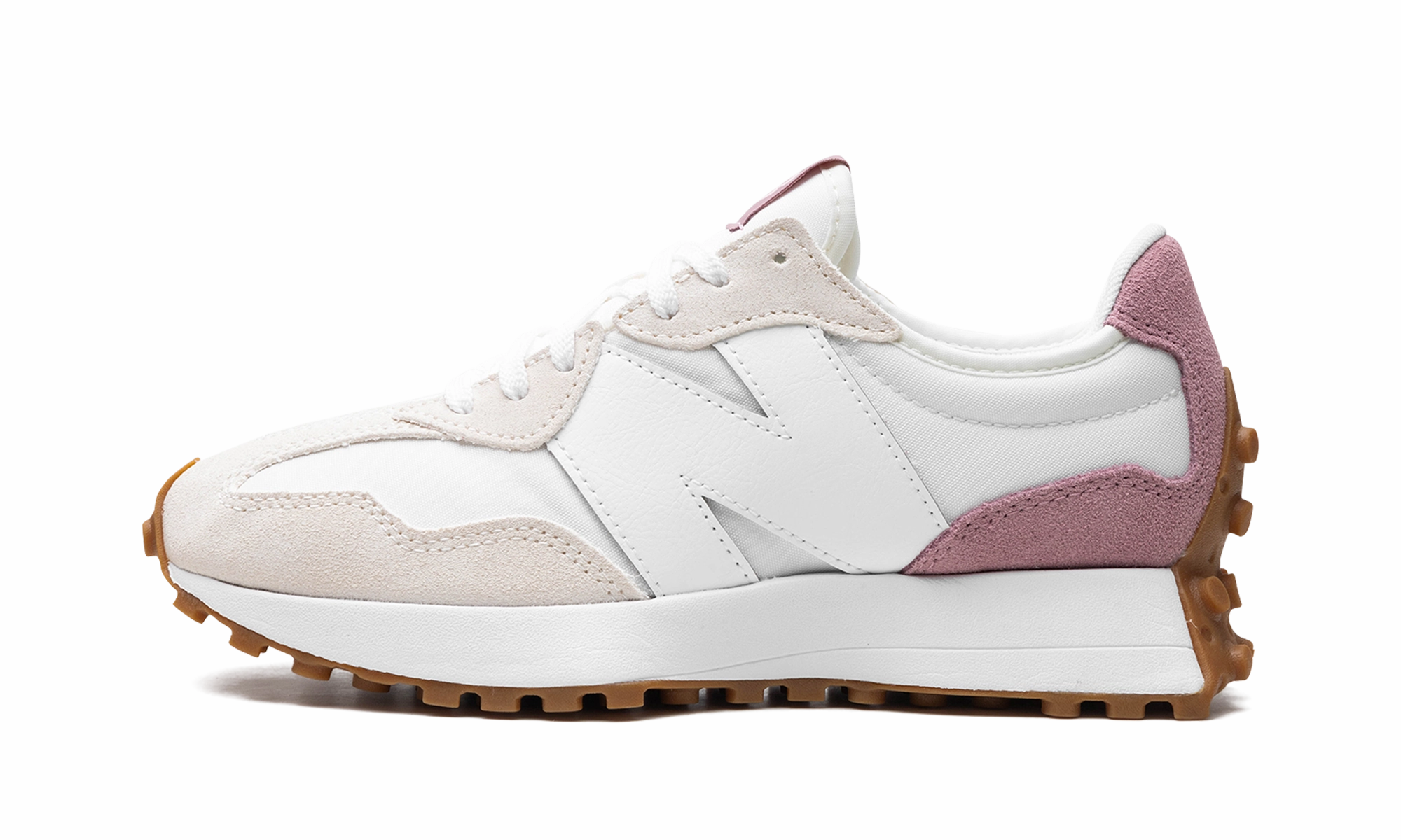 327 WMNS "White Pink" running in a yoga studio shoes forefoot