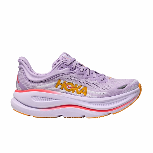 running in different terrains Eclipse Heel Geometry Hoka Women's Bondi 9 Wide Aster Flower / Starlight Glow