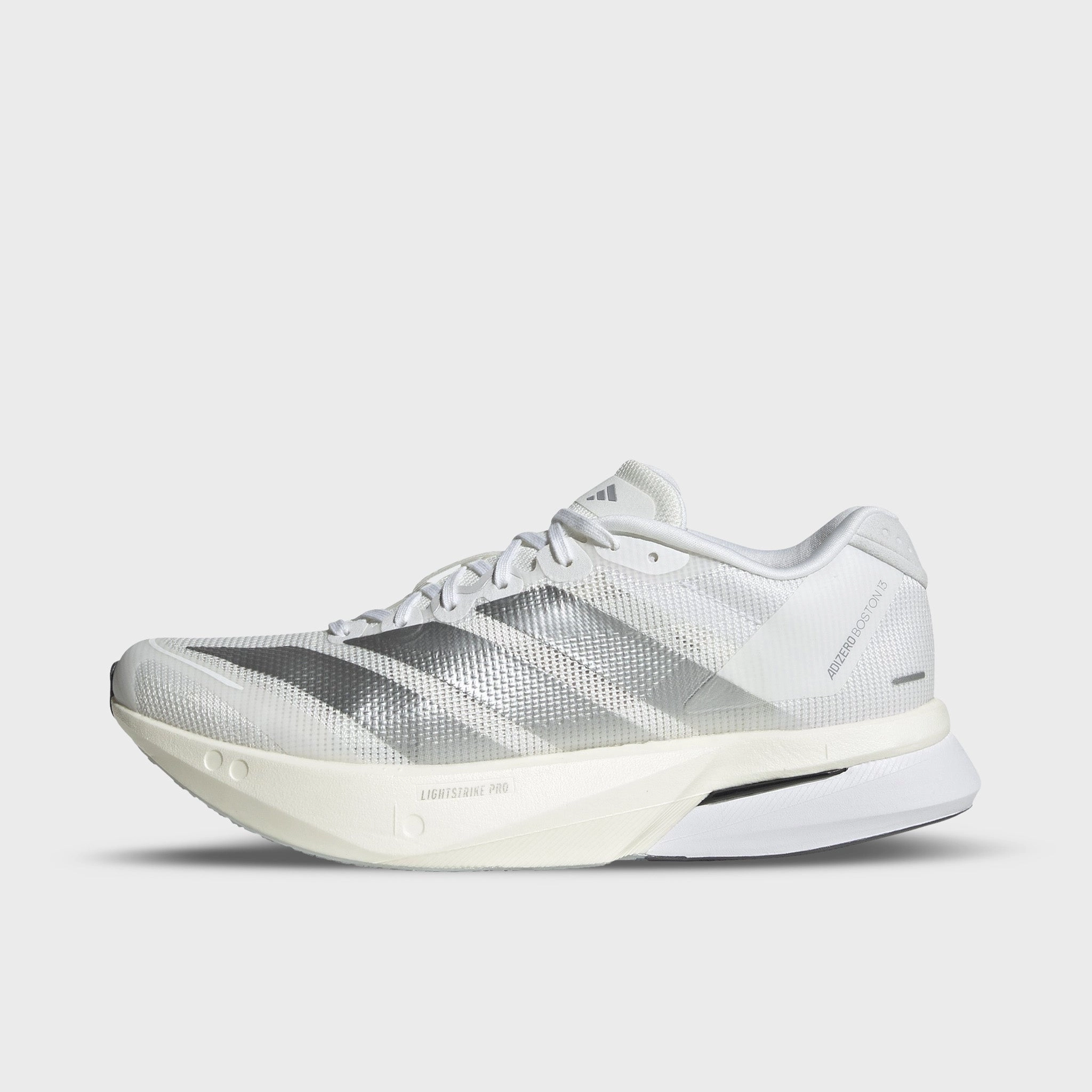 adidas Women's Adizero Boston 13 White / Matte Silver - Dash Grey Eco Friendly Material Adaptive Fit Collar