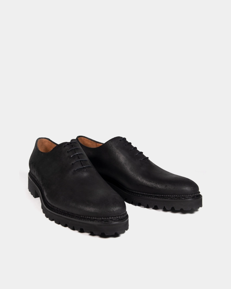Black Waxed Suede Wholecut Oxford Shoe Edge Step