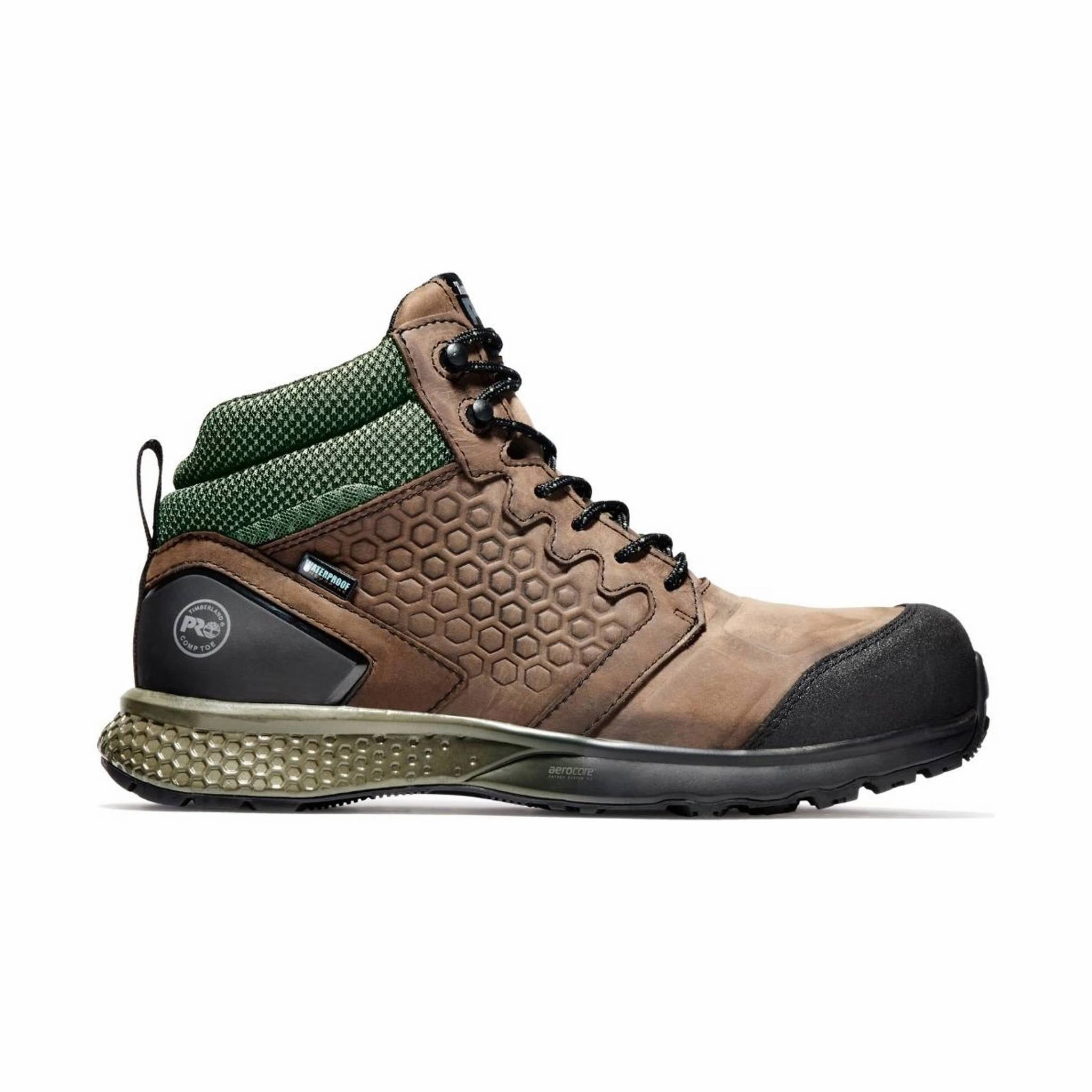 Flexible Shaft Design Minimal Mood Timberland Pro Men's Reaxion Mid Composite Toe Work Boot - Brown Full-Grain/Green