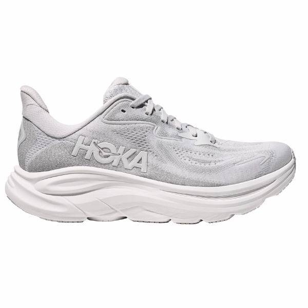 Hoka Women's Clifton 10 Wide Grey running in clean tracks shoes